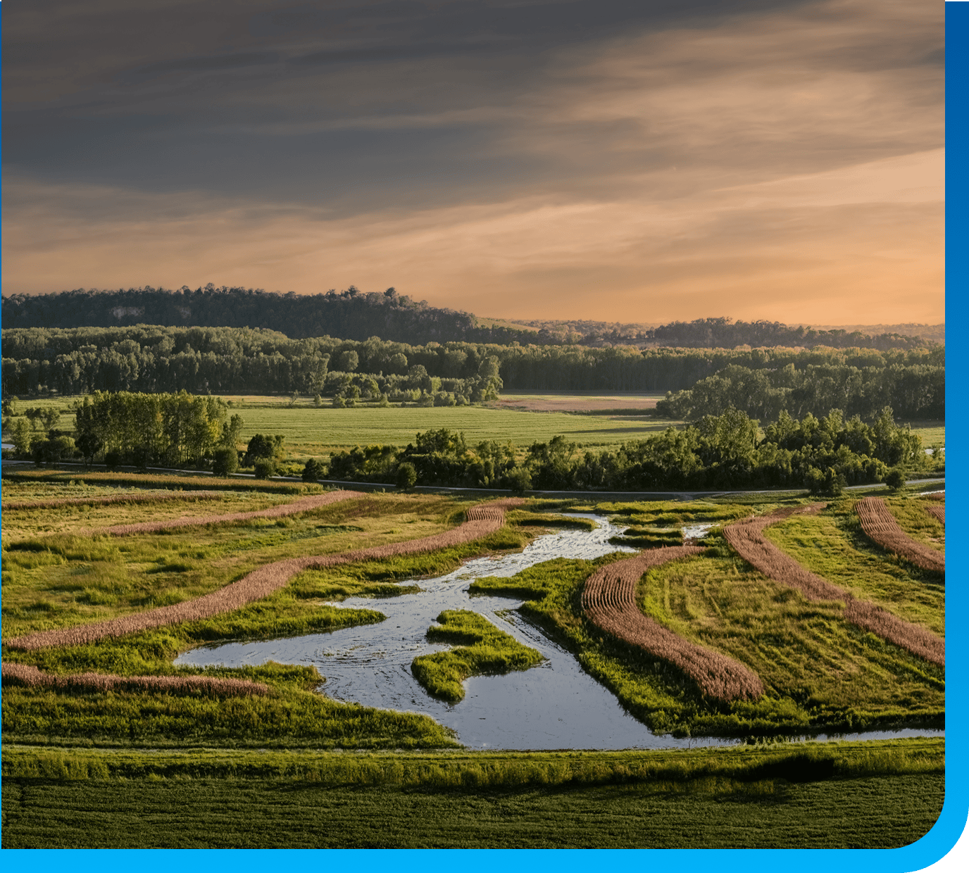 Scenic view of the Missouri River floodplain at sunset.